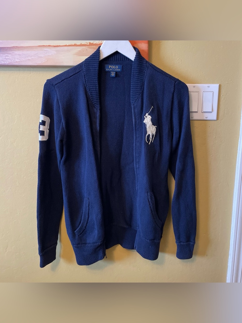 Polo Ralph Lauren Sweater Full Zip Kid Size M 10-12 Big Pony Logo Navy Blue
